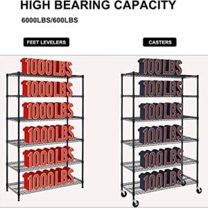 Heavy Duty 6 Tier Wire Shelving Unit Adjustable Storage Rack on Wheels 6000 Lbs Weight Capacity Metal Shelves Space Saving Wire Shelf Multifunctional Garage Shelving for Commercial Storage, Black