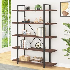 ibf 5 tier solid wood bookshelf, industrial natural real wood metal tall bookcase, modern rustic large open book shelf storage, farmhouse wide etagere bookcase for office living bedroom, rustic gray