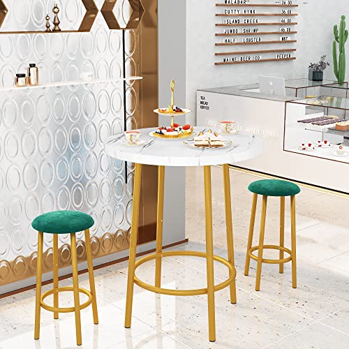 tantohom Bar Table and Chairs Set,3 Piece Round Pub Dining Table Set with Bar Stools Counter Height White Wood Top Metal Frame Bistro Table for 2, Easy Assembly