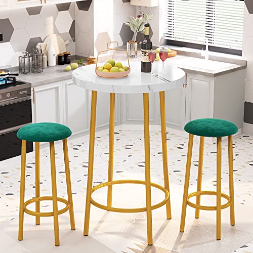 tantohom Bar Table and Chairs Set,3 Piece Round Pub Dining Table Set with Bar Stools Counter Height White Wood Top Metal Frame Bistro Table for 2, Easy Assembly