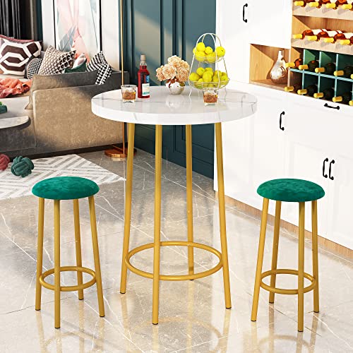 tantohom Bar Table and Chairs Set,3 Piece Round Pub Dining Table Set with Bar Stools Counter Height White Wood Top Metal Frame Bistro Table for 2, Easy Assembly