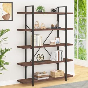 ibf real natural wood 5 shelf bookshelf, industrial solid wood large open tall etagere bookcase, rustic farmhouse metal wide big book shelf storage for home bedroom office living doom, distressed grey
