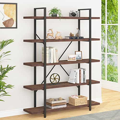 IBF Real Natural Wood 5 Shelf Bookshelf, Industrial Solid Wood Large Open Tall Etagere Bookcase, Rustic Farmhouse Metal Wide Big Book Shelf Storage for Home Bedroom Office Living Doom, Distressed Grey