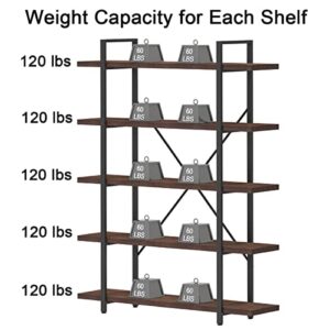 IBF Real Natural Wood 5 Shelf Bookshelf, Industrial Solid Wood Large Open Tall Etagere Bookcase, Rustic Farmhouse Metal Wide Big Book Shelf Storage for Home Bedroom Office Living Doom, Distressed Grey