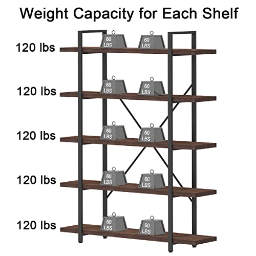 IBF Real Natural Wood 5 Shelf Bookshelf, Industrial Solid Wood Large Open Tall Etagere Bookcase, Rustic Farmhouse Metal Wide Big Book Shelf Storage for Home Bedroom Office Living Doom, Distressed Grey