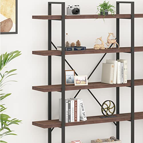 IBF Real Natural Wood 5 Shelf Bookshelf, Industrial Solid Wood Large Open Tall Etagere Bookcase, Rustic Farmhouse Metal Wide Big Book Shelf Storage for Home Bedroom Office Living Doom, Distressed Grey