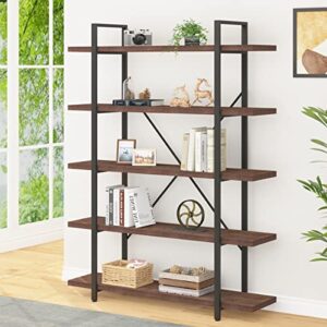 IBF Real Natural Wood 5 Shelf Bookshelf, Industrial Solid Wood Large Open Tall Etagere Bookcase, Rustic Farmhouse Metal Wide Big Book Shelf Storage for Home Bedroom Office Living Doom, Distressed Grey