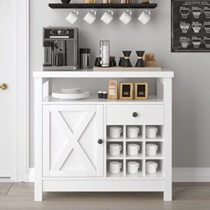 4ever2buy farmhouse coffee bar cabinet with 9 wine racks, kitchen sideboard buffet cabinet with barn door, white coffee bar with storage, wine bar cabinet with adjustable shelf for dining living room