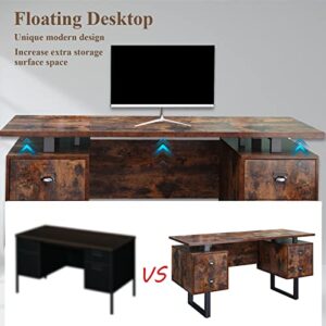 JESONVID Computer Desk with Drawers 59" L Contemporary Home Office Laptop Desk with Floating Desktop and 4 Storage Drawers Vintage Study Gaming Table with Metal Frame Black & Rustic Brown CTSZ20401RC