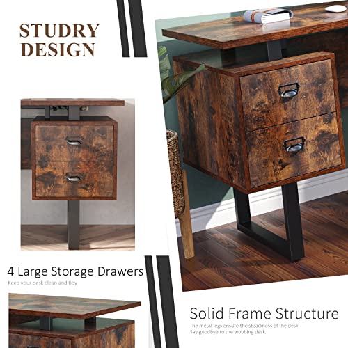 JESONVID Computer Desk with Drawers 59" L Contemporary Home Office Laptop Desk with Floating Desktop and 4 Storage Drawers Vintage Study Gaming Table with Metal Frame Black & Rustic Brown CTSZ20401RC