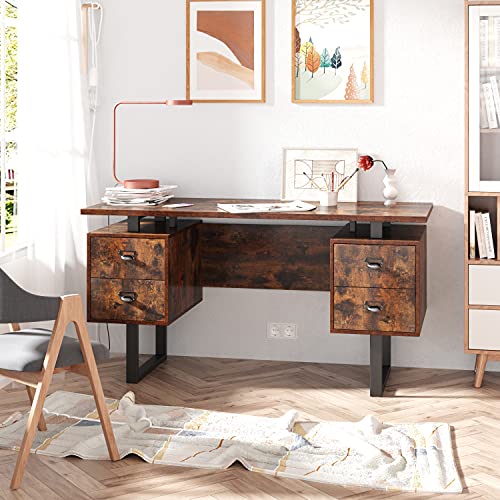 JESONVID Computer Desk with Drawers 59" L Contemporary Home Office Laptop Desk with Floating Desktop and 4 Storage Drawers Vintage Study Gaming Table with Metal Frame Black & Rustic Brown CTSZ20401RC