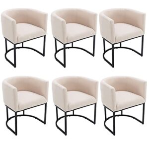 mid century modern upholstered dining chairs with arms set of 6, contemporary linen kitchen & dining room chairs, 18.5" wide accent chairs for dining room living room with black metal frame, cream