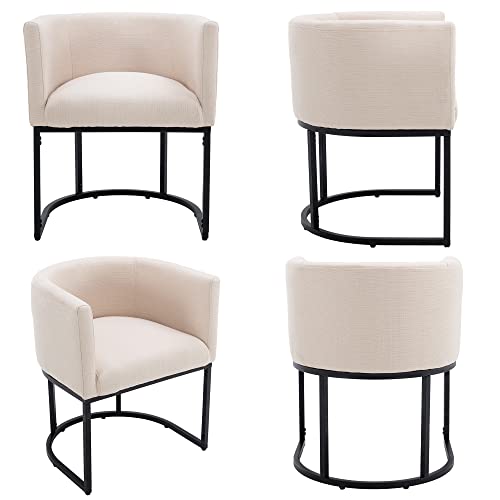Mid Century Modern Upholstered Dining Chairs with Arms Set of 6, Contemporary Linen Kitchen & Dining Room Chairs, 18.5" Wide Accent Chairs for Dining Room Living Room with Black Metal Frame, Cream