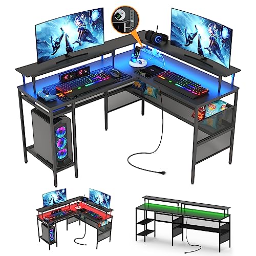 WASAGUN L Shaped Computer Desk, Reversible Corner Desk with Power Outlet, Gaming Table with Power Outlets,55 inch Corner Computer Desk with Monitor Stand Storage Shelves for Home Office Gamer Desk