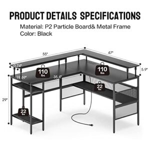 WASAGUN L Shaped Computer Desk, Reversible Corner Desk with Power Outlet, Gaming Table with Power Outlets,55 inch Corner Computer Desk with Monitor Stand Storage Shelves for Home Office Gamer Desk