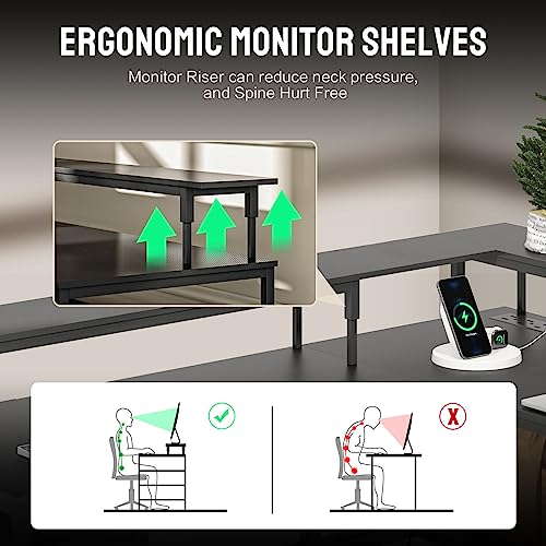 WASAGUN L Shaped Computer Desk, Reversible Corner Desk with Power Outlet, Gaming Table with Power Outlets,55 inch Corner Computer Desk with Monitor Stand Storage Shelves for Home Office Gamer Desk