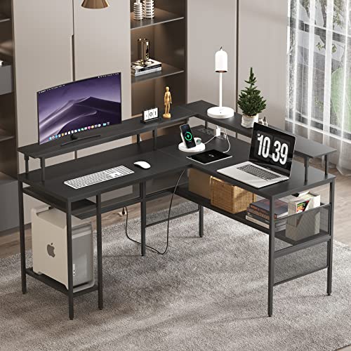 WASAGUN L Shaped Computer Desk, Reversible Corner Desk with Power Outlet, Gaming Table with Power Outlets,55 inch Corner Computer Desk with Monitor Stand Storage Shelves for Home Office Gamer Desk