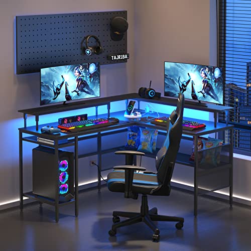 WASAGUN L Shaped Computer Desk, Reversible Corner Desk with Power Outlet, Gaming Table with Power Outlets,55 inch Corner Computer Desk with Monitor Stand Storage Shelves for Home Office Gamer Desk