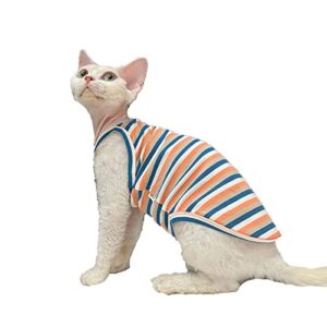 sphynx hairless cat clothes summer vintage stripes cotton vest breathable comfortable t-shirts indoors kitten shirts cat apparel (xxl(11-15lbs), orange blue)