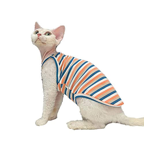 Sphynx Hairless Cat Clothes Summer Vintage Stripes Cotton Vest Breathable Comfortable T-Shirts Indoors Kitten Shirts Cat Apparel (XXL(11-15lbs), Orange Blue)