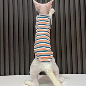 Sphynx Hairless Cat Clothes Summer Vintage Stripes Cotton Vest Breathable Comfortable T-Shirts Indoors Kitten Shirts Cat Apparel (XXL(11-15lbs), Orange Blue)