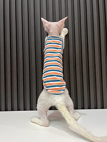 Sphynx Hairless Cat Clothes Summer Vintage Stripes Cotton Vest Breathable Comfortable T-Shirts Indoors Kitten Shirts Cat Apparel (XXL(11-15lbs), Orange Blue)