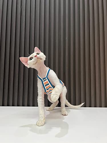 Sphynx Hairless Cat Clothes Summer Vintage Stripes Cotton Vest Breathable Comfortable T-Shirts Indoors Kitten Shirts Cat Apparel (XXL(11-15lbs), Orange Blue)