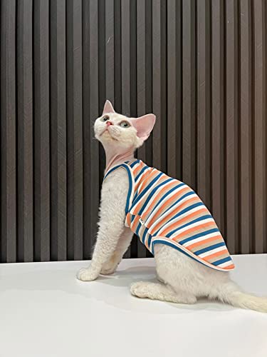 Sphynx Hairless Cat Clothes Summer Vintage Stripes Cotton Vest Breathable Comfortable T-Shirts Indoors Kitten Shirts Cat Apparel (XXL(11-15lbs), Orange Blue)