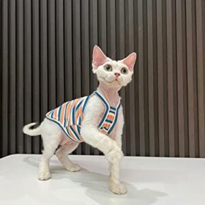 Sphynx Hairless Cat Clothes Summer Vintage Stripes Cotton Vest Breathable Comfortable T-Shirts Indoors Kitten Shirts Cat Apparel (XXL(11-15lbs), Orange Blue)