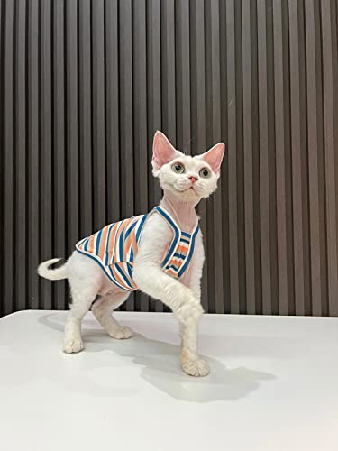 Sphynx Hairless Cat Clothes Summer Vintage Stripes Cotton Vest Breathable Comfortable T-Shirts Indoors Kitten Shirts Cat Apparel (XXL(11-15lbs), Orange Blue)