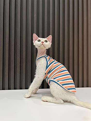 Sphynx Hairless Cat Clothes Summer Vintage Stripes Cotton Vest Breathable Comfortable T-Shirts Indoors Kitten Shirts Cat Apparel (XXL(11-15lbs), Orange Blue)