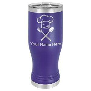 lasergram 14oz vacuum insulated pilsner mug, chef hat, personalized engraving included (dark purple)