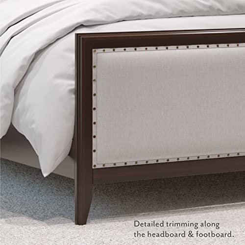 DG Casa Salerno Solid Wood Platform Bed Frame with Nailhead Trim - Queen Bed Frame with Adjustable Headboard, Full Wooden Slats, No Box Spring Needed - Queen Upholstered Bed Frame in Natural Fabric