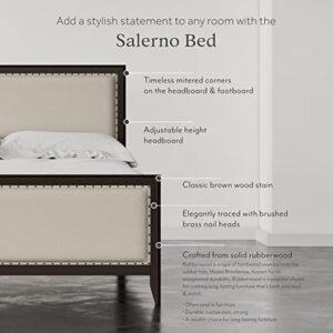DG Casa Salerno Solid Wood Platform Bed Frame with Nailhead Trim - Queen Bed Frame with Adjustable Headboard, Full Wooden Slats, No Box Spring Needed - Queen Upholstered Bed Frame in Natural Fabric