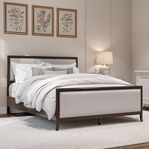 DG Casa Salerno Solid Wood Platform Bed Frame with Nailhead Trim - Queen Bed Frame with Adjustable Headboard, Full Wooden Slats, No Box Spring Needed - Queen Upholstered Bed Frame in Natural Fabric