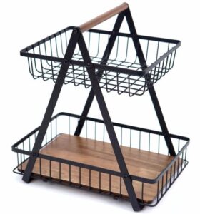 emerson ergonomics 2-tier large fruit basket || wood metal bread basket || kitchen countertop fruit bowl