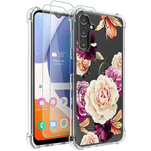 Samsung Galaxy A14 5G Floral Case for Girls & Women with 2pcs Screen Protector - TPU Rubber Shock-Absorption Cover (Purple Flower)