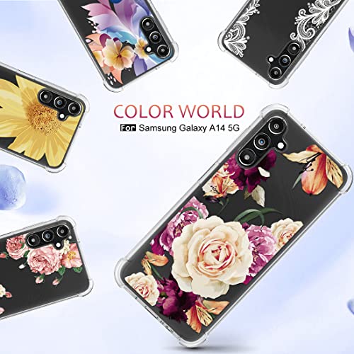 Samsung Galaxy A14 5G Floral Case for Girls & Women with 2pcs Screen Protector - TPU Rubber Shock-Absorption Cover (Purple Flower)