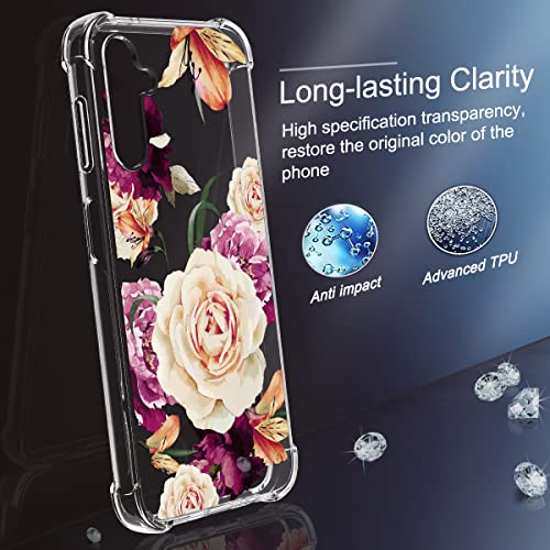 Samsung Galaxy A14 5G Floral Case for Girls & Women with 2pcs Screen Protector - TPU Rubber Shock-Absorption Cover (Purple Flower)