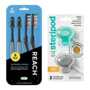 steripod reach oral care essentials bundle, 6 toothbrushes with 2 essential oil orange scented toothbrush covers