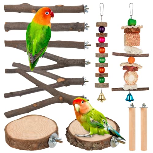 12PCS Bird Perches for Cage Bird Stand Chew Toys, Natural Wood Parrot Perch Stand Perch Platform Cage Accessories for Parakeets Budgies Cockatiels Conure Lovebirds