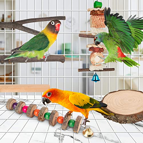 12PCS Bird Perches for Cage Bird Stand Chew Toys, Natural Wood Parrot Perch Stand Perch Platform Cage Accessories for Parakeets Budgies Cockatiels Conure Lovebirds