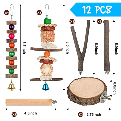 12PCS Bird Perches for Cage Bird Stand Chew Toys, Natural Wood Parrot Perch Stand Perch Platform Cage Accessories for Parakeets Budgies Cockatiels Conure Lovebirds