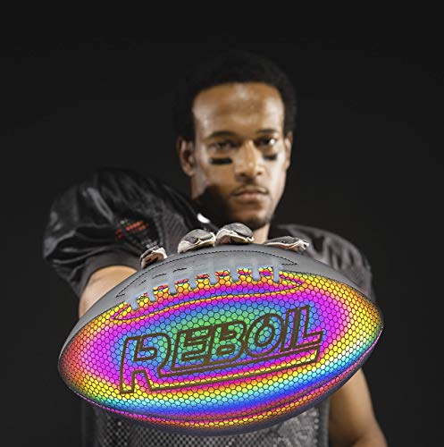 REBOIL Holographic Glowing Football–Light Up with Camera Flash–Advance Reflective Composite Leather - HoloHoops Gifts Toys for Outdoor Night Game–Official Size. (Size 7)