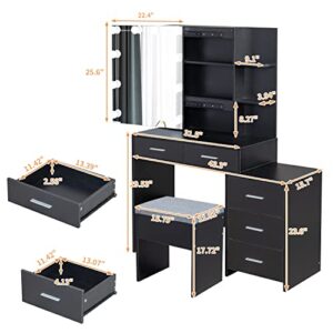 Karl home Lighted Vanity Desk with Sliding Mirror Black Makeup Table with 5 Drawers, Storage Shelves, Cushioned Stool, LED Dressing Table Set for Women