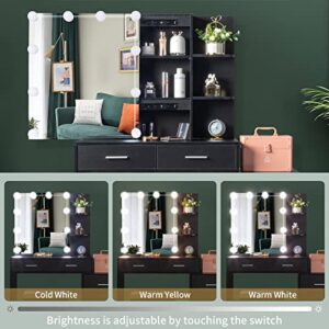 Karl home Lighted Vanity Desk with Sliding Mirror Black Makeup Table with 5 Drawers, Storage Shelves, Cushioned Stool, LED Dressing Table Set for Women