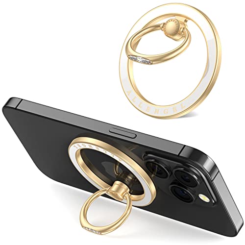 Compatible with MagSafe Phone Grip Stand, Allengel Magnetic Phone Ring Holder with Finger Kickstand for Smartphone, Luxury Gold White