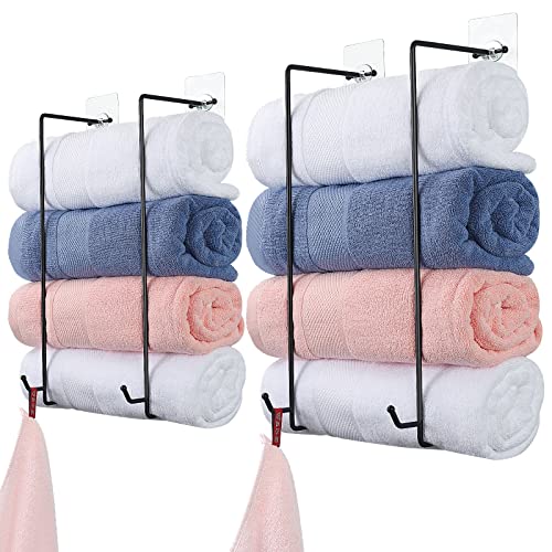 Towel Rack, 2 Set Towel Racks for Bathroom, Towel Holder with Hooks, Towel Holder for Bathroom Wall, Self-Adhesive Towel Storage, No Drilling, No Damage to The Wall, Black