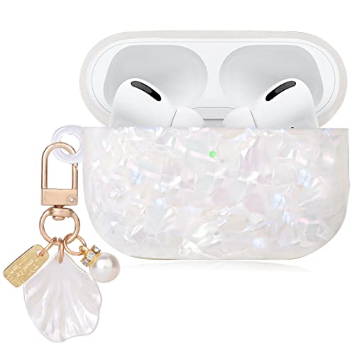 Cute AirPod Pro 2 Case with Shell Pearl Keychain Bling Marble Design Hard TPU Cover Compatible with AirPods Pro 2nd Generation 2022 Case for Women and Girls