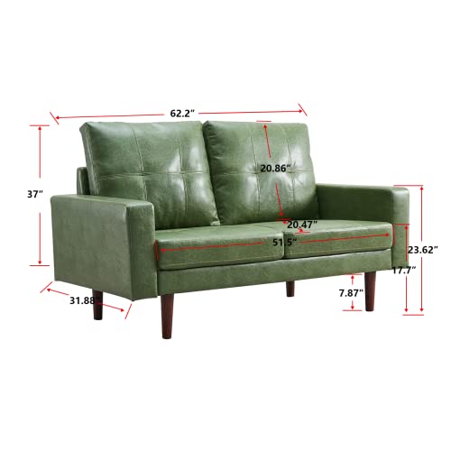 PEIHONGET Faux Leather Sofa Couch, Mid Century Modern Sofas for Living Room with High-Density Foam, Loveseat Sofa Furniture with Solid Wood Legs & Padded Cushions for Bedroom, Apartment (Green)